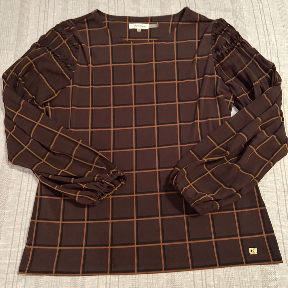 Calvin Klein Brown & Black & Camel-Gold  Printed Pleat Sleeve Top